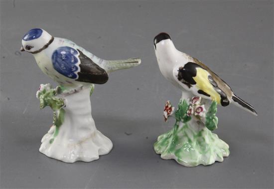 Two Derby models of a blue tit and a goldfinch, c.1765-70, h. 7cm, restorations